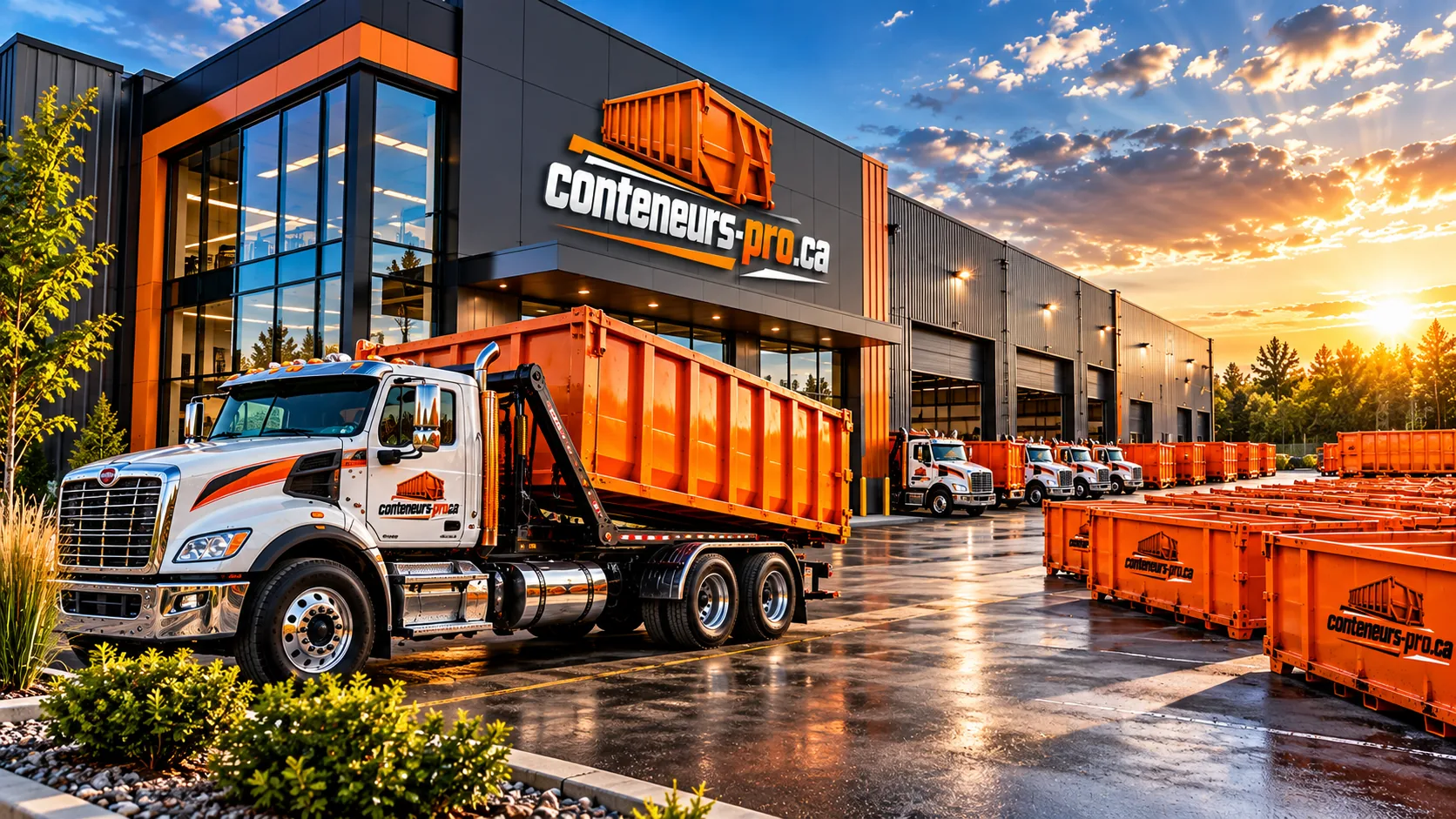 Camion porte-conteneur devant un bâtiment commercial, rangées de conteneurs orange dans la cour