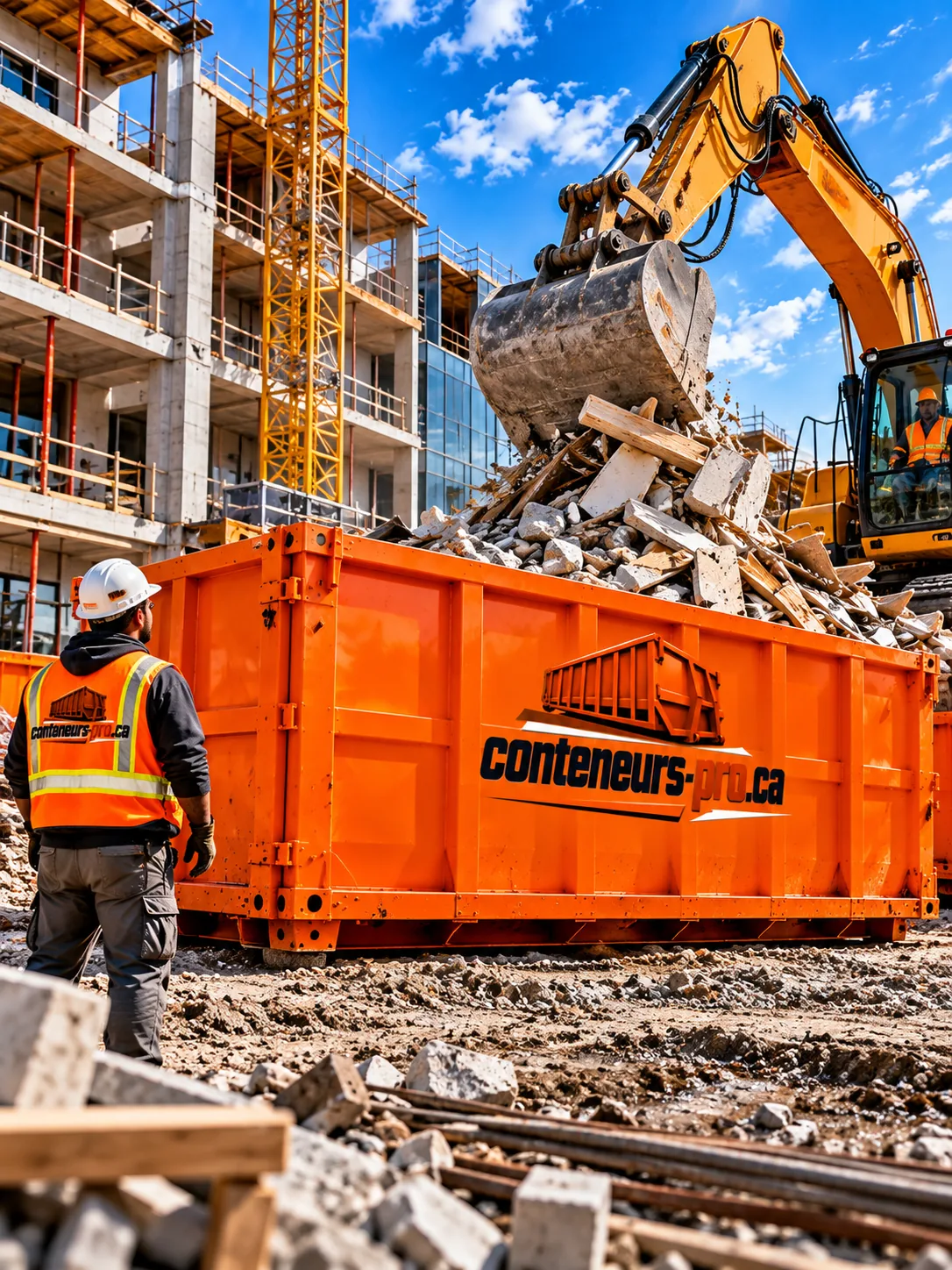 Pelle mécanique qui remplit un conteneur orange de gravats sur un chantier d'immeuble