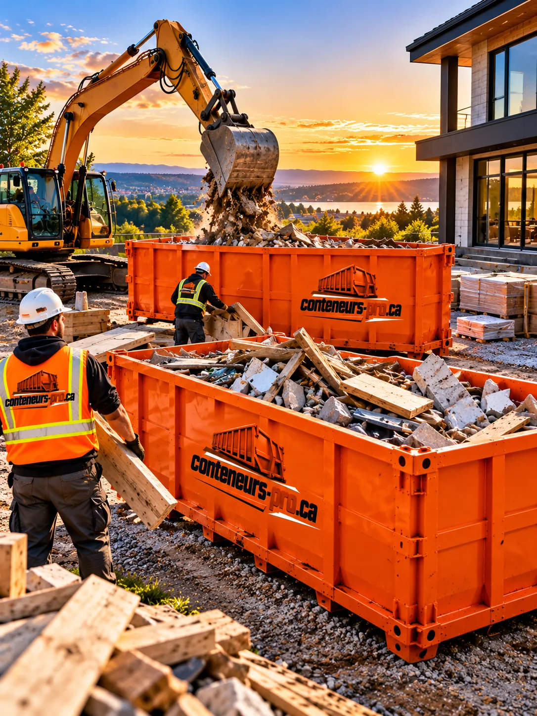 Ouvriers qui remplissent deux conteneurs orange de bois et de béton au coucher du soleil